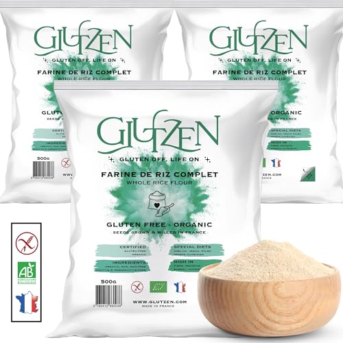 Bio-vollreismehl GLUTZEN. Ideal für glutenfreies Brot, Pizzateig, glutenfreie Nudeln, Pfannkuchen, Kekse, Muffins. Zöliakie-Betroffene, vegan, allergenfrei, Sportler & proteinreich ernähren. (3x500g) von GLUTZEN