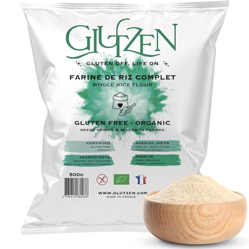 Bio-vollreismehl GLUTZEN. Ideal für glutenfreies Brot, Pizzateig, glutenfreie Nudeln, Pfannkuchen, Kekse, Muffins. Zöliakie-Betroffene, vegan, allergenfrei, Sportler & proteinreich ernähren. (1x500g) von GLUTZEN