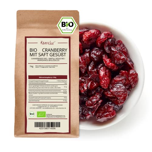 Kamelur 1kg BIO Cranberry getrocknet - Aromatische Cranberries ungeschwefelt, mit der natürlichen Süße aus Apfelsaft - aus zertifiziert biologischem Anbau von Kamelur