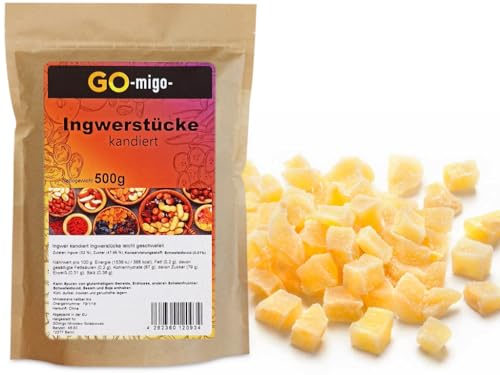 0,5kg Ingwer getrocknet kandiert feinste Qualität Ingwerstücke leicht scharf 500g von GOmigo