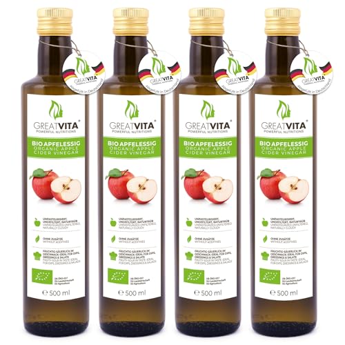 GreatVita Bio Apfelessig, 4 x 500 ml naturtrüb & ungefiltert mit Essigmutter von GREAT VITA