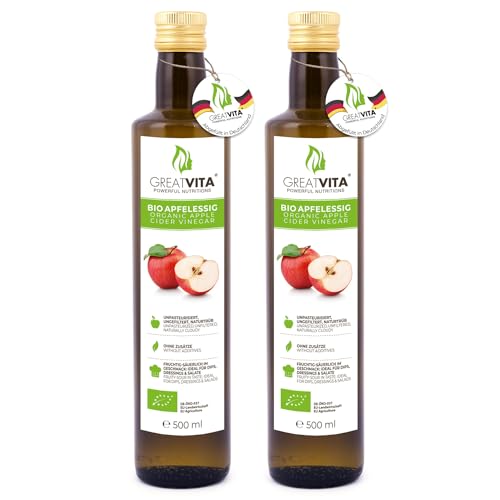 GreatVita Bio Apfelessig 1 Liter | Naturtrüb & ungefiltert mit Essigmutter - 100% Bio Qualität aus kontrolliert biologischem Anbau | Frei von künstlichen Zusatzstoffen, Rohkostqualität von GREAT VITA