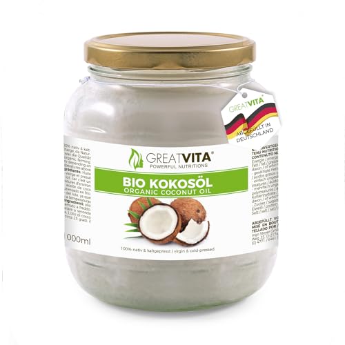 GreatVita Bio Kokosöl, nativ, 1000 ml im Glas zum Kochen Backen Hautpflege Haarpflege von GREAT VITA