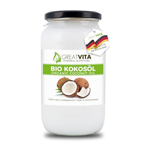 GreatVita Bio Kokosöl, nativ, 1000 ml im Glas zum Kochen Braten Backen von Mea Vita