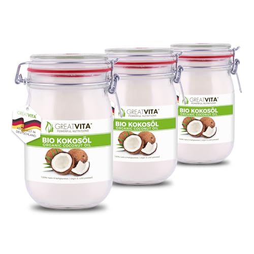 GreatVita Bio Kokosöl, nativ, 3er Pack (3 x 1000 ml) im Bügelglas von Mea Vita