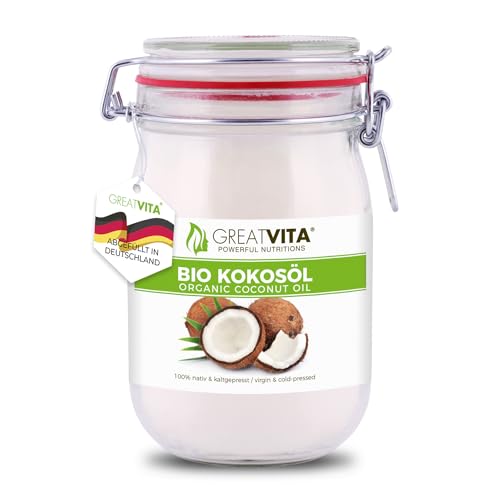 GreatVita Bio Kokosöl, nativ & kaltgepresst, 1000 ml im Bügelglas zum Kochen & Backen von GREAT VITA
