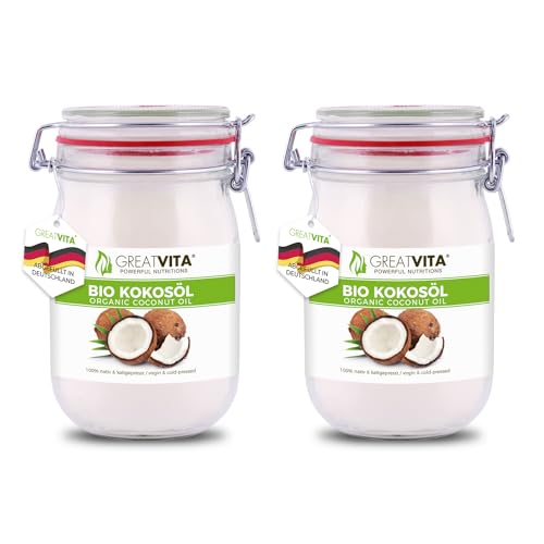 GreatVita Bio Kokosöl nativ 2x 1000 ml im Bügelglas zum Kochen & Backen von GREAT VITA