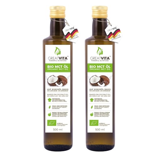 GreatVita Bio MCT Öl auf Kokosölbasis 2x 500 ml | 60% Caprylsäure (C8) & 40% Caprinsäure (C10) Fettsäuren | 100% reines MCT Oil geschmacksneutral - Zuckerfrei, GVO-frei von GREAT VITA