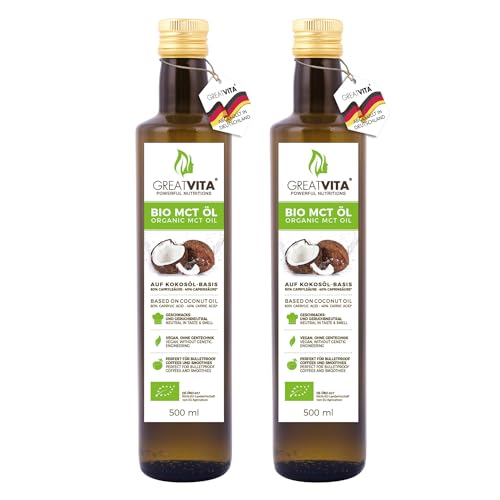 GreatVita Bio MCT Öl auf Kokosölbasis - 2x 500 ml | 70% Caprylsäure (C8) & 30% Caprinsäure (C10) Fettsäuren | 100% reines MCT Oil geschmacksneutral - Zuckerfrei, GVO-frei von GREAT VITA