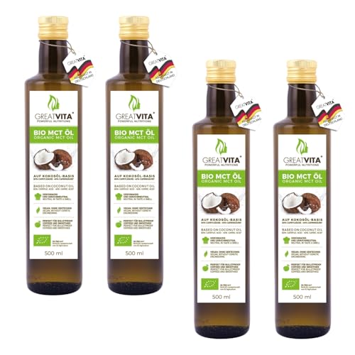 GreatVita Bio MCT Öl auf Kokosölbasis 4x 500 ml | 60% Caprylsäure (C8) & 40% Caprinsäure (C10) Fettsäuren | 100% reines MCT Oil geschmacksneutral - Zuckerfrei, GVO-frei von GREAT VITA