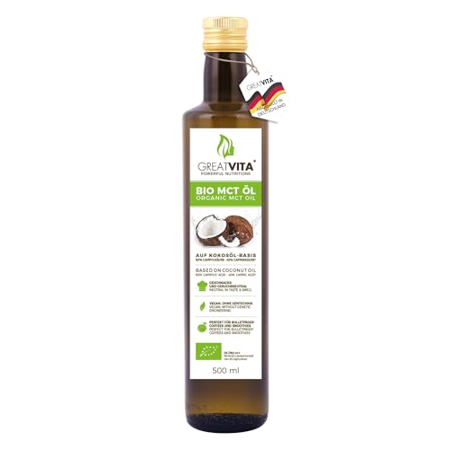 GreatVita Bio MCT Öl auf Kokosölbasis - 500 ml | 60% Caprylsäure (C8) & 40% Caprinsäure (C10) Fettsäuren | 100% reines MCT Oil geschmacksneutral - Zuckerfrei, GVO-frei von GREAT VITA