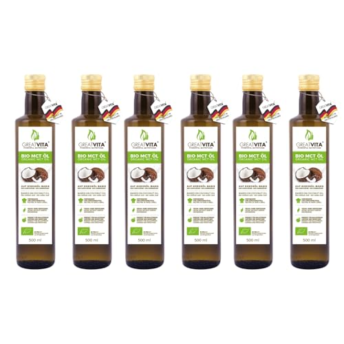 GreatVita Bio MCT Öl auf Kokosölbasis 6x 500 ml | 60% Caprylsäure (C8) & 40% Caprinsäure (C10) Fettsäuren | 100% reines MCT Oil geschmacksneutral - Zuckerfrei, GVO-frei von GREAT VITA