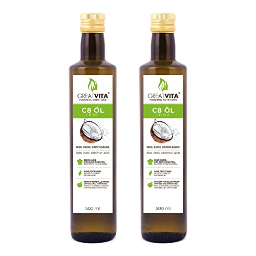 GreatVita C8-Öl, auf Kokosöl Basis, (2x 500ml) MCT Öl in Glasflasche, Caprylsäure, Keto von GREAT VITA