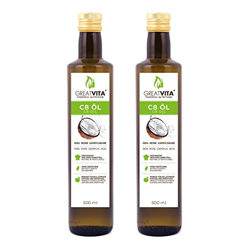 GreatVita C8-Öl, auf Kokosöl Basis 2x 500 ml | 100% Caprylsäure Fettsäuren | MCT Oil geschmacksneutral - Premium Qualität von GREAT VITA