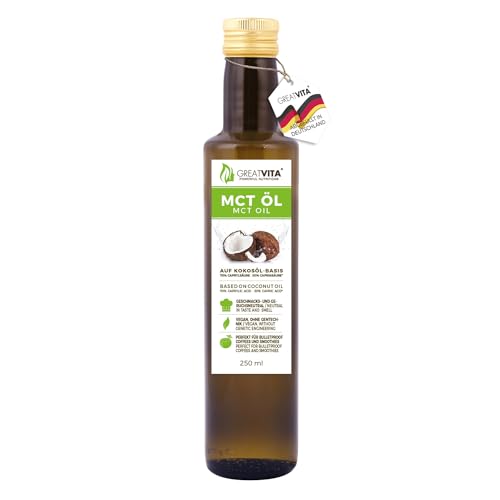 GreatVita MCT Öl auf Kokosölbasis - 250 ml | 70% Caprylsäure (C8) & 30% Caprinsäure (C10) Fettsäuren | 100% reines MCT Oil geschmacksneutral - Zuckerfrei, GVO-frei von Mea Vita