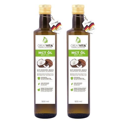 GreatVita MCT Öl auf Kokosölbasis - 2x 500 ml | 70% Caprylsäure (C8) & 30% Caprinsäure (C10) Fettsäuren | 100% reines MCT Oil geschmacksneutral - Zuckerfrei, GVO-frei von GREAT VITA