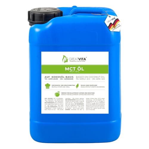 GreatVita MCT Öl auf Kokosölbasis 5000 ml Kanister | 70% Caprylsäure (C8) & 30% Caprinsäure (C10) Fettsäuren | 100% reines MCT Oil geschmacksneutral, zuckerfrei, GVO-frei von GREAT VITA