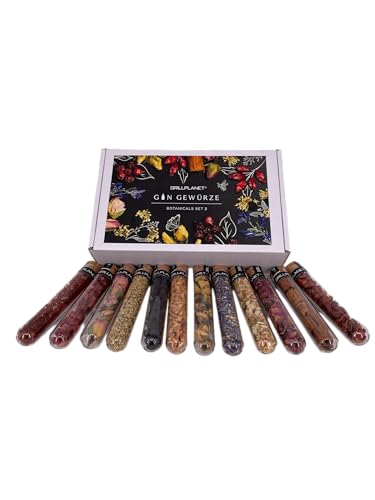 Gin Gewürz Geschenk Set mit 12 Gin Gewürzen Johannis persische Rose Rosenblätter Chili Fäden Zimt Hagebutte Blaubeere Kornblume Jasminblüte von GRILLPLANET