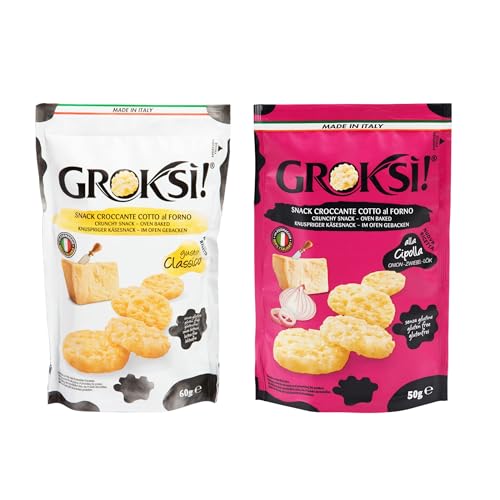 GROKSi! Käse-Snack aus Italien | Käse-Cracker Classico 60g & Zwiebel 50g | Protein Snack (Käse-Snack SET, 2 Sorten) von GROKSi!