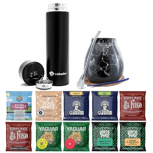 Yerba Mate Probenset mit Zubehör | Yerba mate Yaguar, Verde Mate, Soul Mate, Guarani, Rio Parana, El Fuego | Thermos, Kalebasse, Bombilla | 10x50g | Natürliches Koffein | 500g | 0,5kg Yerba Mate Probenset mit Zubehör | Yerba mate Yaguar, Verde Mate, Soul Mate, Guarani, Rio Parana, El Fuego | Thermos, Kalebasse, Bombilla | 10x50g | Natürliches Koffein | 500g | 0,5kg von GUARANI