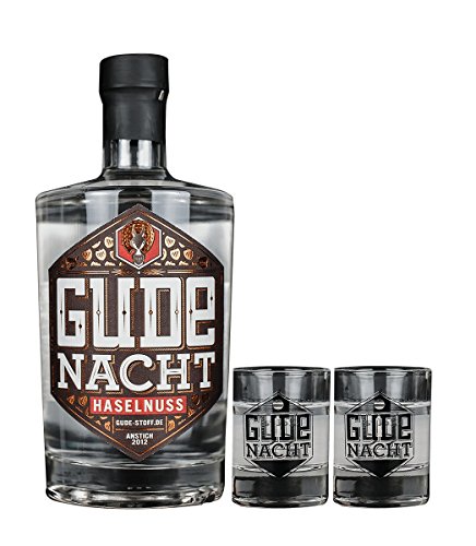 GUDE NACHT Haselnuss mit zwei Shot Gläsern - Geschenkpaket Haselnusslikör Likör aus Hessen (500ml | 29,0%vol.alc.) von GUDE