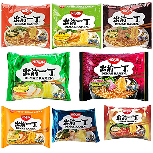 Nissin Damae Instant Noodles Ramen Packung 8 Geschmack - Tonkotsu, Hähnchen, Rind, Meeresfrüchte, Würzig Scharf , Sesam, Ente, Tokyo Soy Sauce (8 x 100g) von GUGUBU