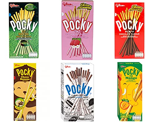 Pocky HAPPY PACK (6 Packungen) - Schokolade, Kekse & Sahne, Erdbeere, Mango, Banane, Matcha Grüntee von GUGUBU
