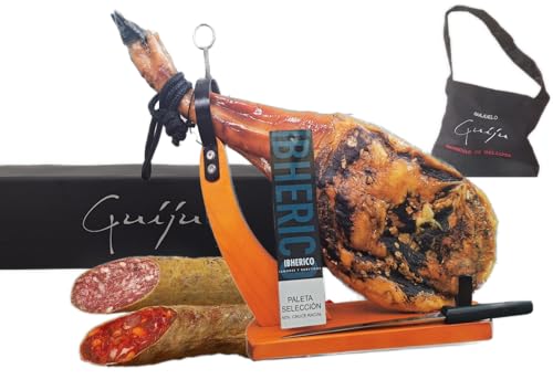 Iberischer Schinken mit Wurst und Eichelwurst und Messer + Schinkengeschenk Schürze, Guijuelo-Herstellung. von GUIJU