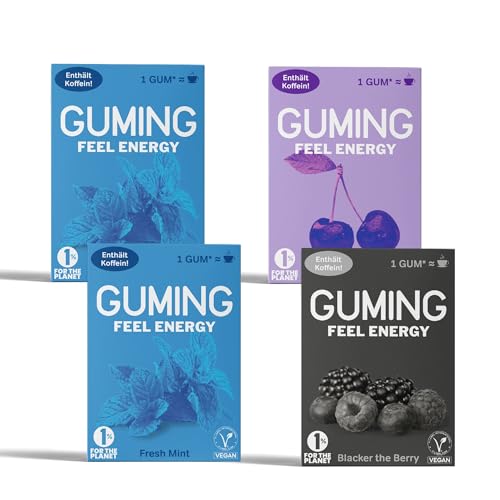 GUMING 40x Energy Kaugummi mit 60mg Koffein/Gum, Guarana, Vitamin C & B6, Vegan, Ohne Zucker (40 Stück, 4 Packungen a 10 Gums: Minze, Kirsche, Beere) von GUMING