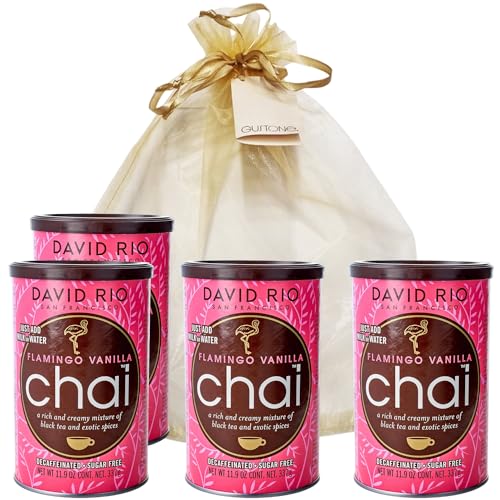 GUSTONE. David Rio Geschenkset Flamingo Vanilla Decaffeinated Sugar Free 4 x 337g Dosen Chai Latte Entkoffeiniert Zuckerfrei von GUSTONE.