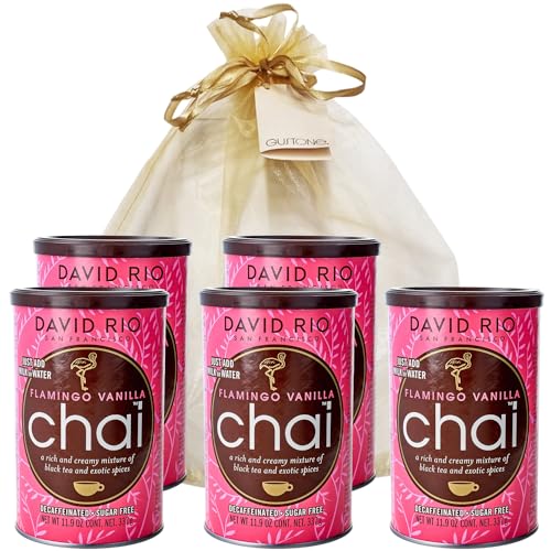 GUSTONE. David Rio Geschenkset Flamingo Vanilla Decaffeinated Sugar Free 5 x 337g Dosen Chai Latte Entkoffeiniert Zuckerfrei von GUSTONE.