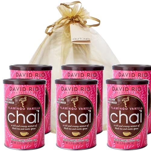 GUSTONE. David Rio Geschenkset Flamingo Vanilla Decaffeinated Sugar Free 6 x 337g Dosen Chai Latte Entkoffeiniert Zuckerfrei von GUSTONE.