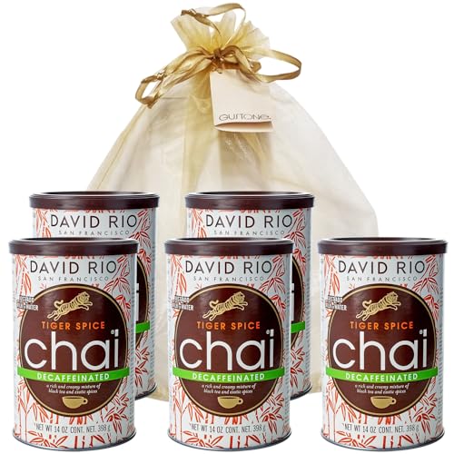 GUSTONE. David Rio Geschenkset Tiger Spice Decaffeinated 5 x 398g Dosen Chai Latte Entkoffeiniert von GUSTONE.