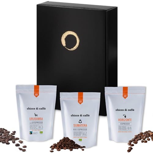 GUSTONE. Edles Kaffee Geschenkset Trio mit 3 chicco di cafe Premium Espressi | Urubamba, Sumatera, Horizonte ganze Bohnen von GUSTONE.