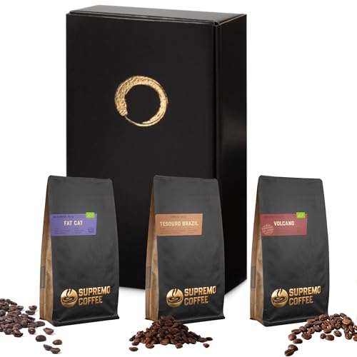 GUSTONE. Premium Espresso Geschenkset | 3 edle Espressi von SUPREMO | Bio Espresso Fat Cat, Espresso Tesouro Brazil, Bio Espresso Volcano ganze Bohnen von GUSTONE.