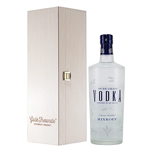 Minkoff Premium Vodka mit Geschenk-Holzkiste von GUTE FREUNDE Geschmack verbindet