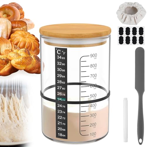 Sauerteig Starter Set 900ml Sauerteig-Starterglas-Set mit Holzdeckel Thermometerpapier Gummiband Schaber Stoffhut Etikett und Stift Sauerteig Glas Set für Brotbacken Fermentieren von GWCYMYD