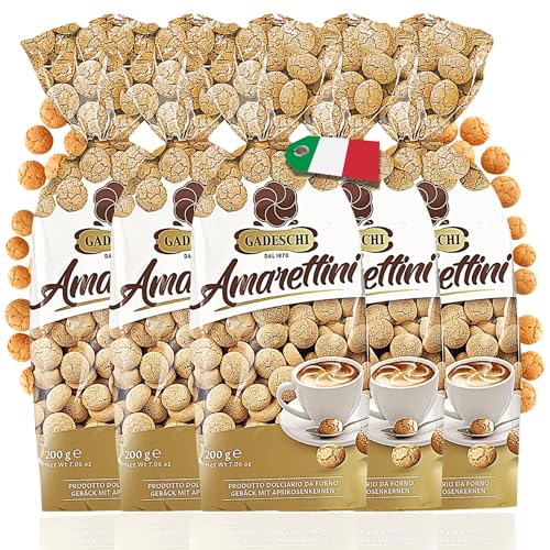 Gadeschi Amarettini Kekse 5x 200g [MIT APRIKOSENKERNE] - Italienisches Kaffegebäck - Perfekt zum Kaffee, Heißgetränken & als Dekoration - Traditionelle Rezeptur - Süß & Luftiges Gebäck von Gadeschi