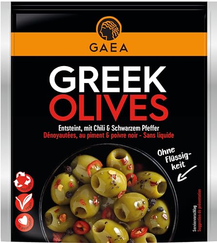 GAEA Grüne Oliven ohne Stein mit Chili & Pfeffer | 8 x 150g | Scharf gewürzt | Perfekt als Snack und für Salate von Gaea