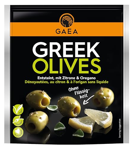 GAEA Grüne Oliven ohne Stein mit Zitrone & Oregano | 8 x 150g | Mariniert & Aromatisch | Ideal als Snack und für Salate von Gaea