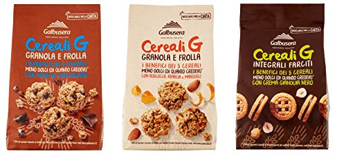 Testpaket Galbusera Cereali G Integrali Farciti Granola e Frolla Kekse gefüllt mit Gianduja Creme - Kekse mit Müsli und Schokoladenstücke - Kekse mit Müsli und Obst ( 1 x 250g ) ( 2 x 300g ) von Galbusera