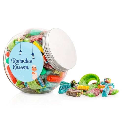 Fruchtgummi-Geschenkdose 1000g | Überraschungsmischung Bonbonglas für Ramadan | Süßigkeiten für Kinder & Erwachsene | mit wählbarem Ramadan-Aufkleber (Junge) von Gama
