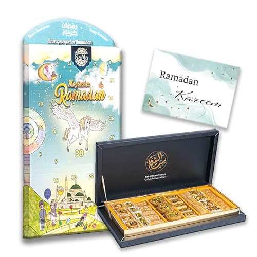 Ramadan Mubarak Geschenk | Baklava 425g | Ramadan Kalender | 3x Sprache wählbar Postkarten | Countdown Eid Kalender | Eid Mubarak (3x Deutsch Postkarten) von Gama