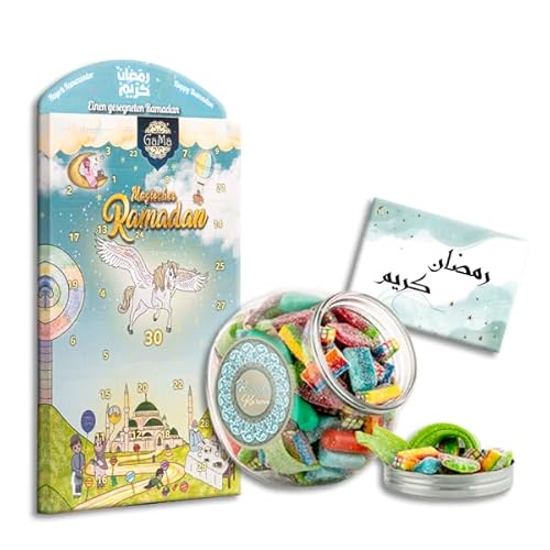 Ramadan Mubarak | halal mix Fruchtgummi 1kg | Ramadan Kalender 2024 | 3er Sets Glückwunschkarte | Sprache Wählbar (Arabisch Postkarten, 3x Postkarten) von Gama