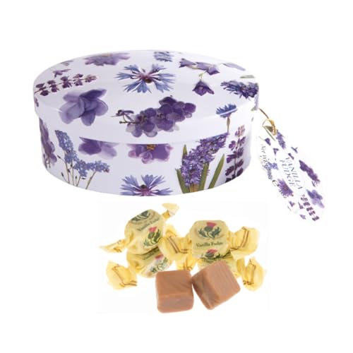 Gardiners of Scotland | Fudge Metalldose Frühlingsdekor | Englische Fudge-Bonbons Vanillebutter - 120 Gr | Vanille-Fudge-Dose druckt lila Blumen von Gardiner's of Scotland