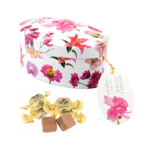 Gardiners of Scotland | Fudge Metalldose Frühlingsdekor | Englische Fudge-Bonbons Vanillebutter - 120 Gr | Vanille-Fudge-Dose druckt rosa Blumen von Gardiner's of Scotland