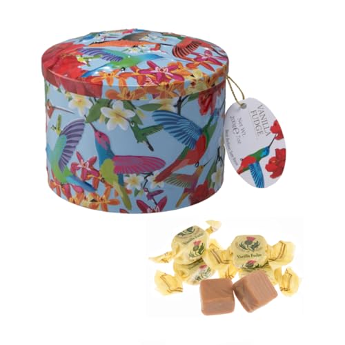 Gardiners of Scotland | Fudge Metalldose Kolibri Dekor | Englische Fudge-Bonbons, Sahnemilch – 200 g | Vanille-Fudge-Dose mit bunten Aufdrucken von Gardiner's of Scotland