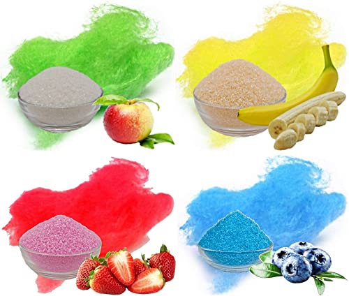 4x 100g Aromazucker Set mit Geschmack Apfel Banane Erdbeer Heidelbeere farbiger Zucker für Zuckerwatte von Gaumenshop