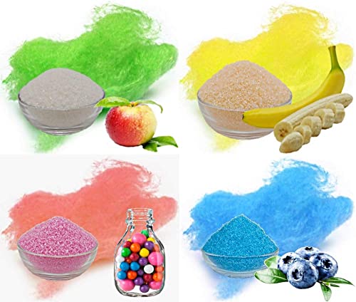 4x 1kg = 4 Kg Aromazucker Set mit Geschmack Apfel Banane Bubble Gum Blaubeere farbiger Zucker für Zuckerwatte von gaumenshop