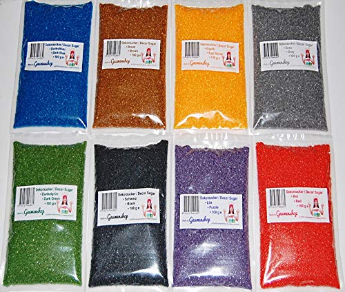 Premium Zucker 8 x 250g Dekorzucker Dunkelblau, Braun, Eigelb, Grau, Dunkelgrün, Schwarz, Lila, Rot auch für bunte Zuckerwatte von Gaumenshop